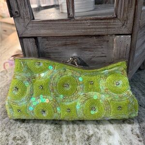 Lime Green Beaded Clutch w/ Crossbody Chain – Sequin Evening Bag